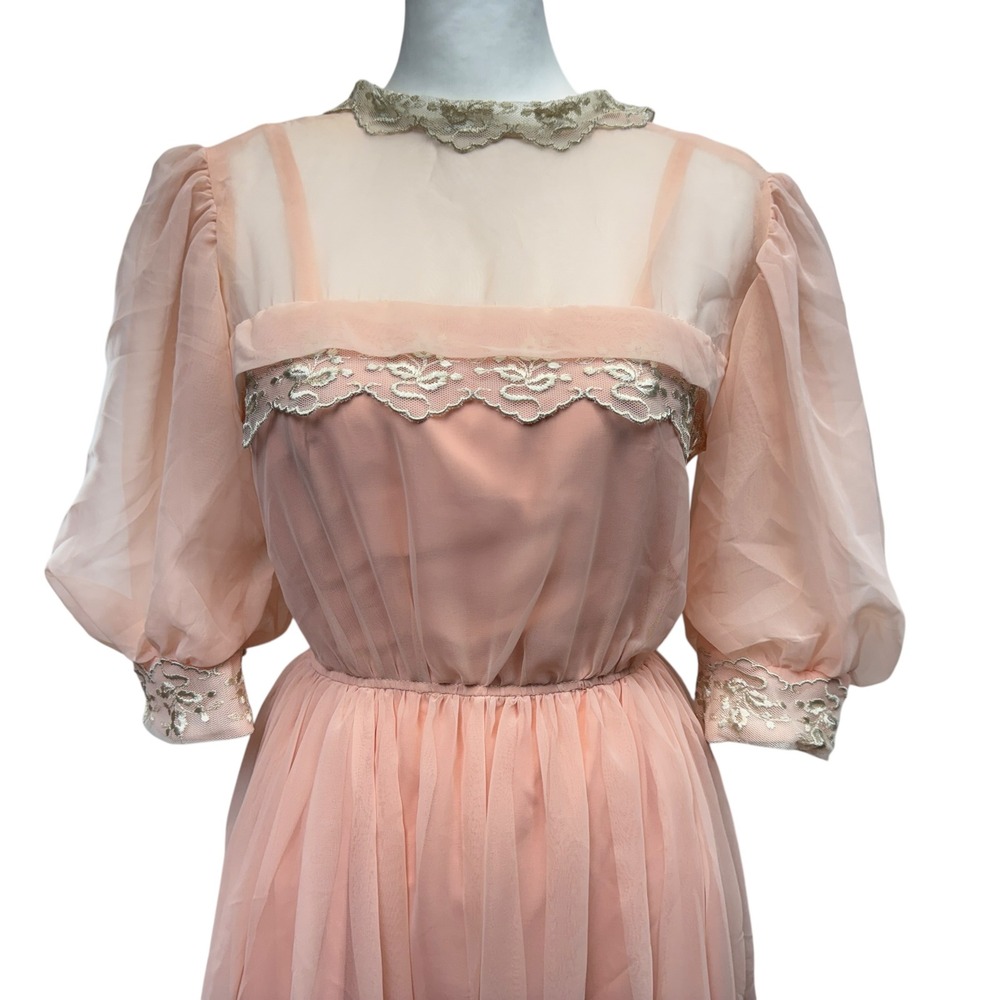 Vintage Peach Chiffon Lace Midi Dress Size XS Puff Sleeve Regency Core Pink Gown - Picture 6 of 6